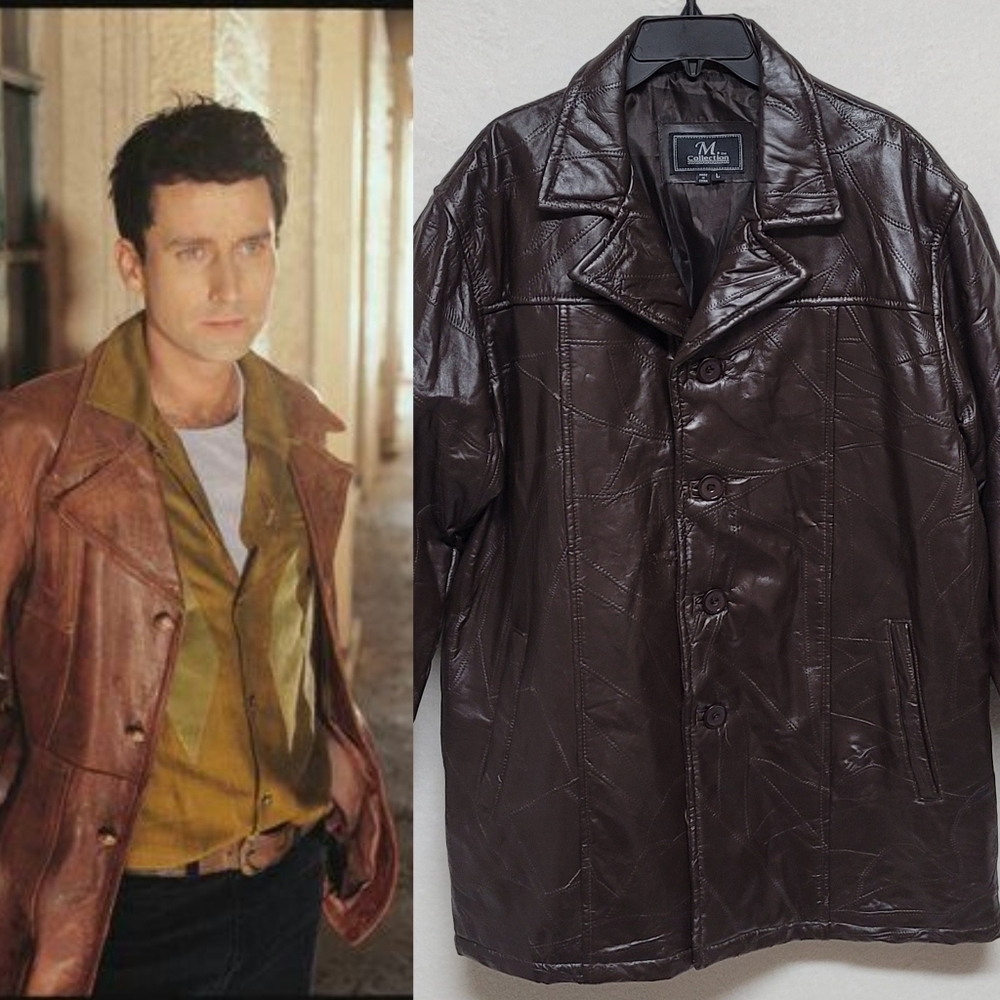 Vintage 90s M Collection Brown Leather Patchwork Button Up Trench Coat Pea Coat.